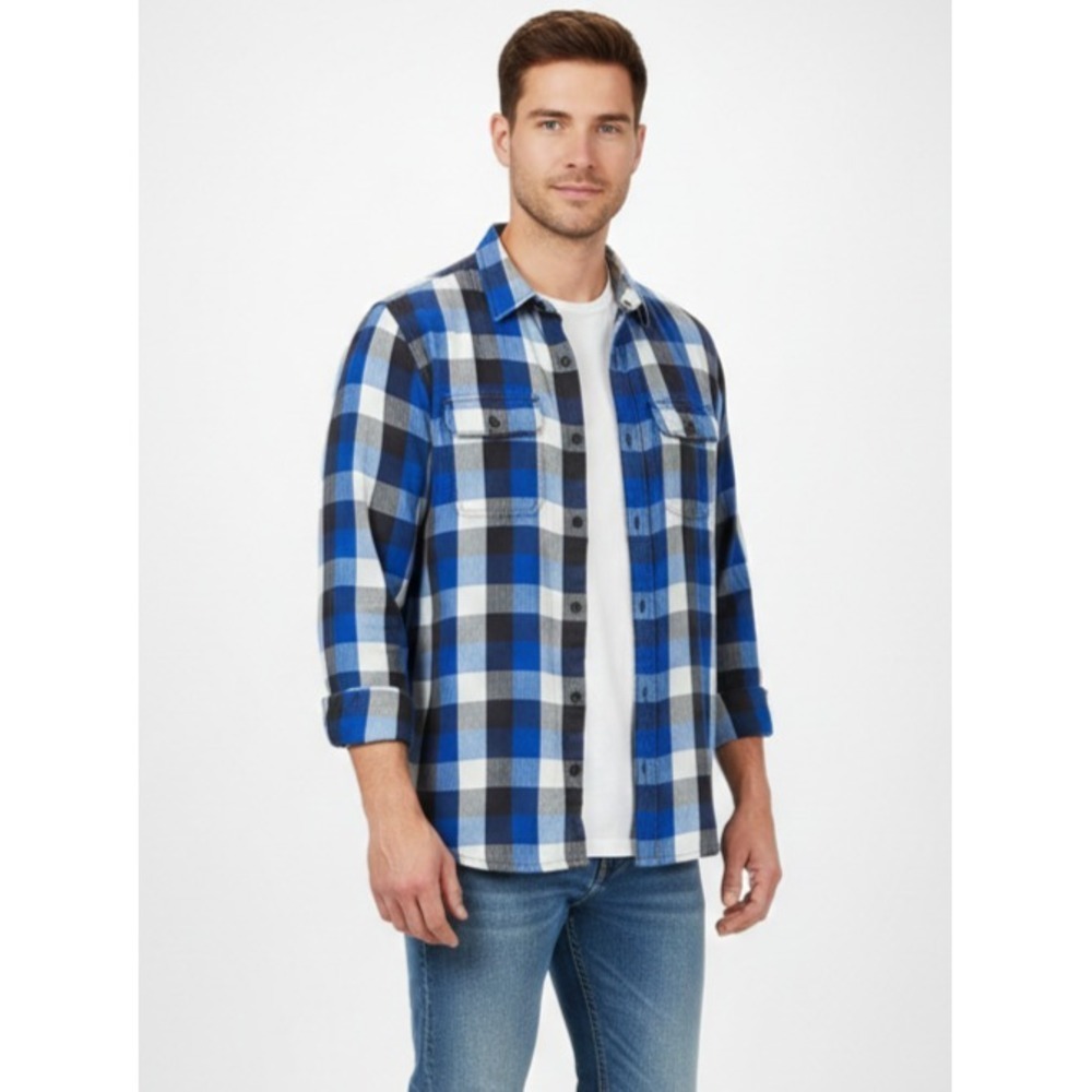 Vans Off The Wall‎ Flannel Shirt Mens LG Blue Black Plaid Herringbone Button Up